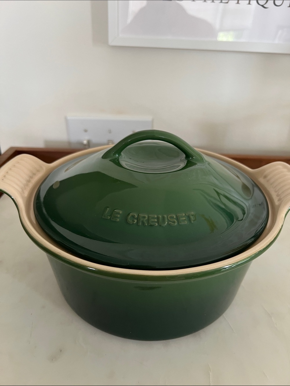 Le Creuset Dark Green Covered ceramic Casserole with Cream Interior